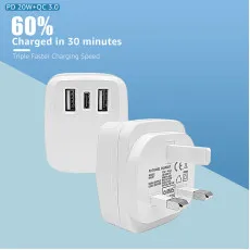 Fast Charging 3 Pin Mains Wall Plug Adapter 3.1A Dual USB Port + PD 18 Watt UK