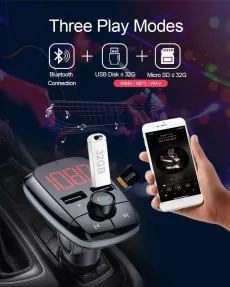 Bluetooth Wireless FM Car Transmitter Mp3 Player Charger Adaptor, QC 3.0 Cigarette Lighter