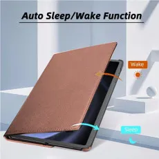 Flat lay of Samsung Galaxy Tab S10 Ultra in rose case with auto sleep/wake feature.