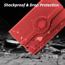 Close-up of red case, resistant to stains and scratches.