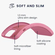 Soft microfiber lining inside the pink silicone case for iPhone 13.