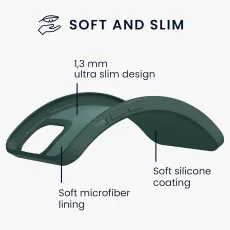 Slim and flexible green case highlighting precise button cutouts