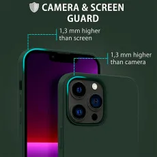 Close-up view of raised edges on dark green iPhone 14 Pro case protecting screen and camera