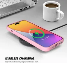 iPhone 14 Pro Max on a wireless charger with the pink case.