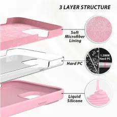 Close-up of precise cutouts on the pink silicone case for iPhone 15 Plus