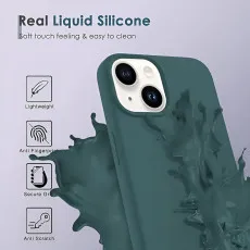 Scratch-resistant green silicone case with raised edges for iPhone 15 Plus.