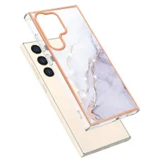 Side view showing precise cutouts on the white marble Galaxy S25 Ultra case