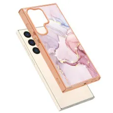 Side view showing precise cutouts of the rose gold marble case.