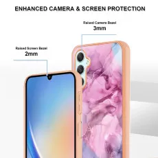 Raised edges on the pink marble case protecting the screen and camera