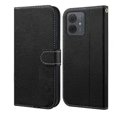 Front view of the Moto G55 5G leather wallet case in black