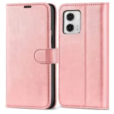 Front view of the Moto G55 5G leather wallet case in Rose Gold