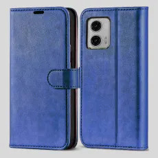 Front view of the Moto G55 5G leather wallet case in blue