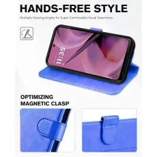 Moto G55 5G leather wallet case in blue with Hand Free Style