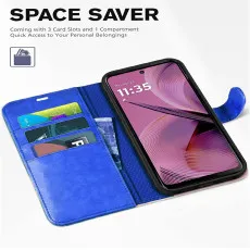 Moto G55 5G leather wallet case in blue with Space Saver