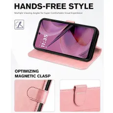 Moto G55 5G leather wallet case in Rose Gold with Hand free style