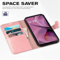 Moto G55 5G leather wallet case in Rose Gold with space saver