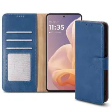 Motorola Moto G85 leather wallet case in blue