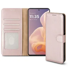 Motorola Moto G85 leather wallet case in rose gold