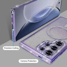 Magnetic glitter phone case for Samsung Galaxy S25 Ultra in Purple with camera and corner ptotection