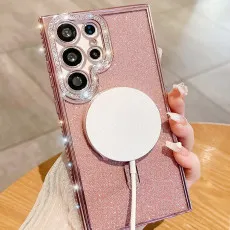 Magnetic glitter phone case for Samsung Galaxy S25 Ultra in Pink with wirless charging