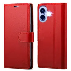 iPhone 16 Plus Red Leather Wallet Case