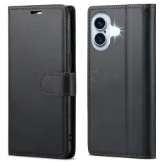 iPhone 16 Plus Black Leather Wallet Case