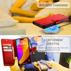 iPhone 16 Leather Wallet Case in Red with wirless charging copitable