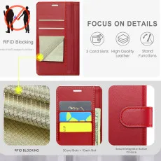iPhone 16 Pro Max Leather Wallet Case in Red with strong pockets