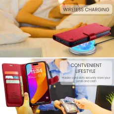 iPhone 16 Pro Max Leather Wallet Case in Red with charging compitable