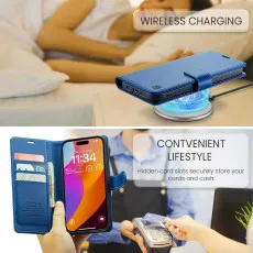 iPhone 16 Leather Wallet Case in Blue with charging compitable