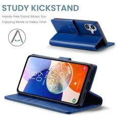 iPhone 16 Plus Leather Wallet Case in Blue with kickstand features