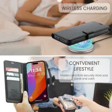 iPhone 16 Plus Leather Wallet Case in black with wirless charging compitable