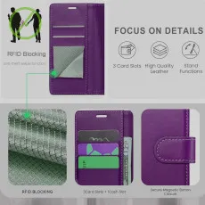 iPhone 16 Leather Wallet Case in Purple with strong pockets