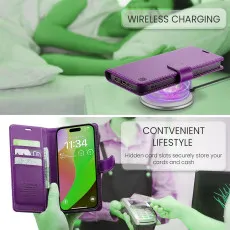 iPhone 16 Leather Wallet Case in Purple with warless charging compitable