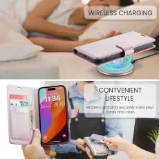 iPhone 16 Leather Wallet Case in Pink with wirless charging compitable