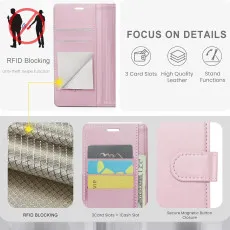 iPhone 16 Plus Leather Wallet Case in Pink with strong pockets