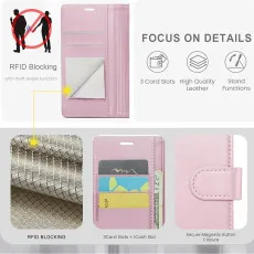 iPhone 16 Pro Leather Wallet Case in Pink strong pockets