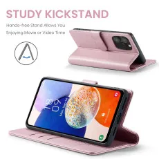 iPhone 16 Pro Leather Wallet Case in Pink kickstand
