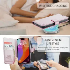 iPhone 16 Pro Leather Wallet Case in Pink with wirless charging compitable