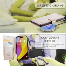 iPhone 16 Pro Leather Wallet Case in Rose with wirless charging compitable