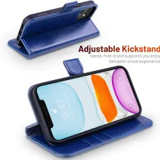 iPhone 12 leather flip wallet case in Blue kickstand