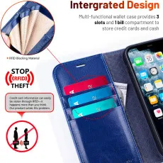 iPhone 12 Mini leather flip wallet case in Blue with 2 card slots