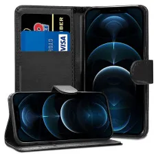 iPhone 12 Pro leather flip wallet case in Black with stand and slots