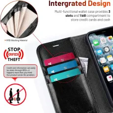 iPhone 12 leather flip wallet case in Black with strong card slots