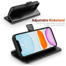 iPhone 12 leather flip wallet case in Black with kickstand