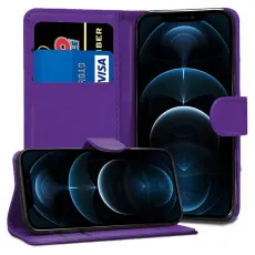 iPhone 12 Pro leather flip wallet case in Purple with stand and card slots