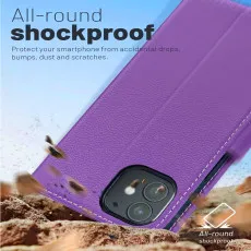 iPhone 12 leather flip wallet case in Purple with full drop protection