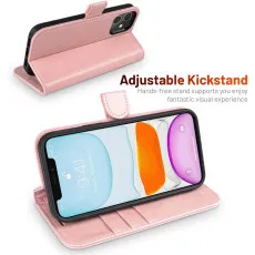 iPhone 12 leather flip wallet case in Pink with kickstand