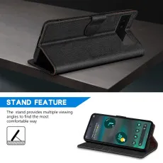 Google Pixel 6A Leather Wallet Case in Black With  kickstand