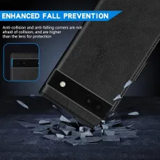 Google Pixel 6A Leather Wallet Case in Black With Full drop Protection